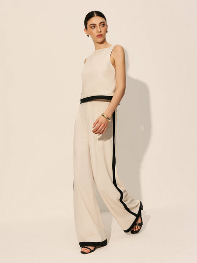 Leinen-Baumwoll Hose mit Kontrastnaht und Reißverschluss