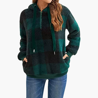 Damen Kapuzen pullover mit Karo-Muster Kängurutasche