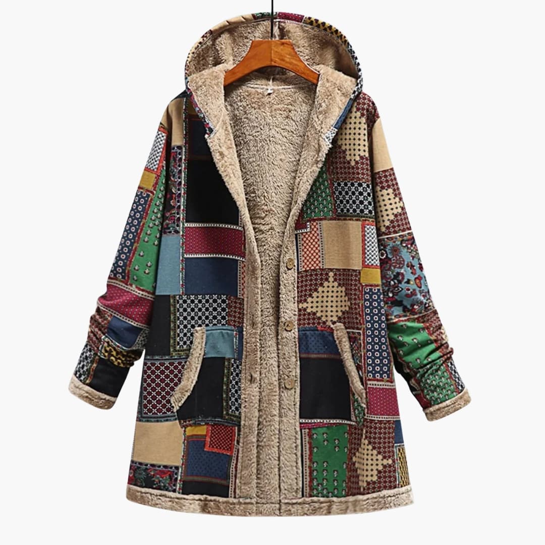 Damen Kapuzenjacke mit Knöpfen und Patchwork-Oberfläche
