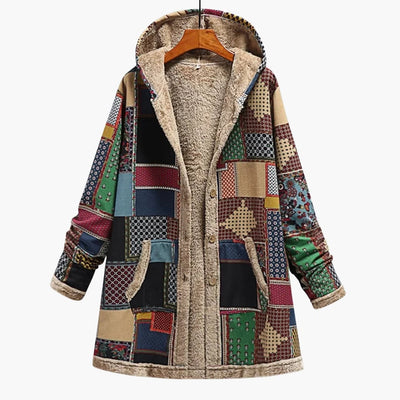Damen Kapuzenjacke mit Knöpfen und Patchwork-Oberfläche