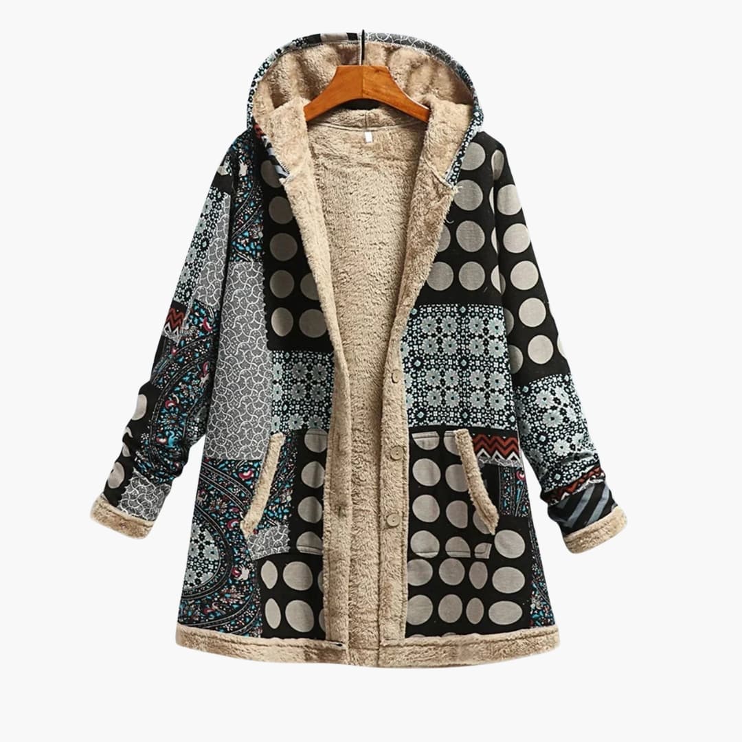 Damen Kapuzenjacke mit Knöpfen und Patchwork-Oberfläche