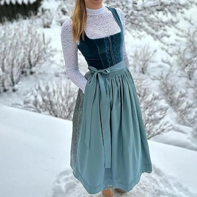 Nele | Damen Dirndl Midi Kleid mit Stickerei, Quadratischem Ausschnitt & Taillengürtel