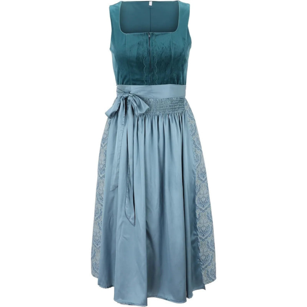 Nele | Damen Dirndl Midi Kleid mit Stickerei, Quadratischem Ausschnitt & Taillengürtel