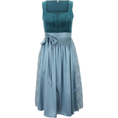 Nele | Damen Dirndl Midi Kleid mit Stickerei, Quadratischem Ausschnitt & Taillengürtel