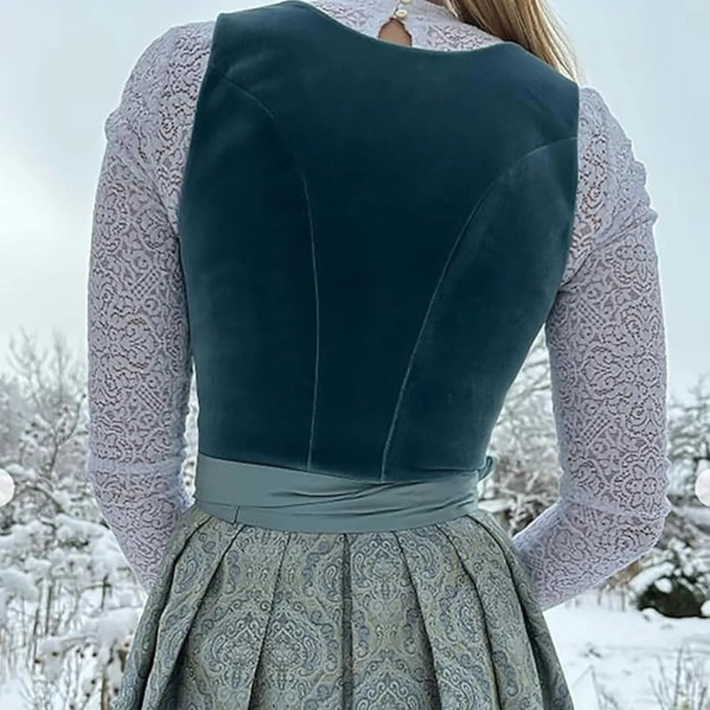 Nele | Damen Dirndl Midi Kleid mit Stickerei, Quadratischem Ausschnitt & Taillengürtel