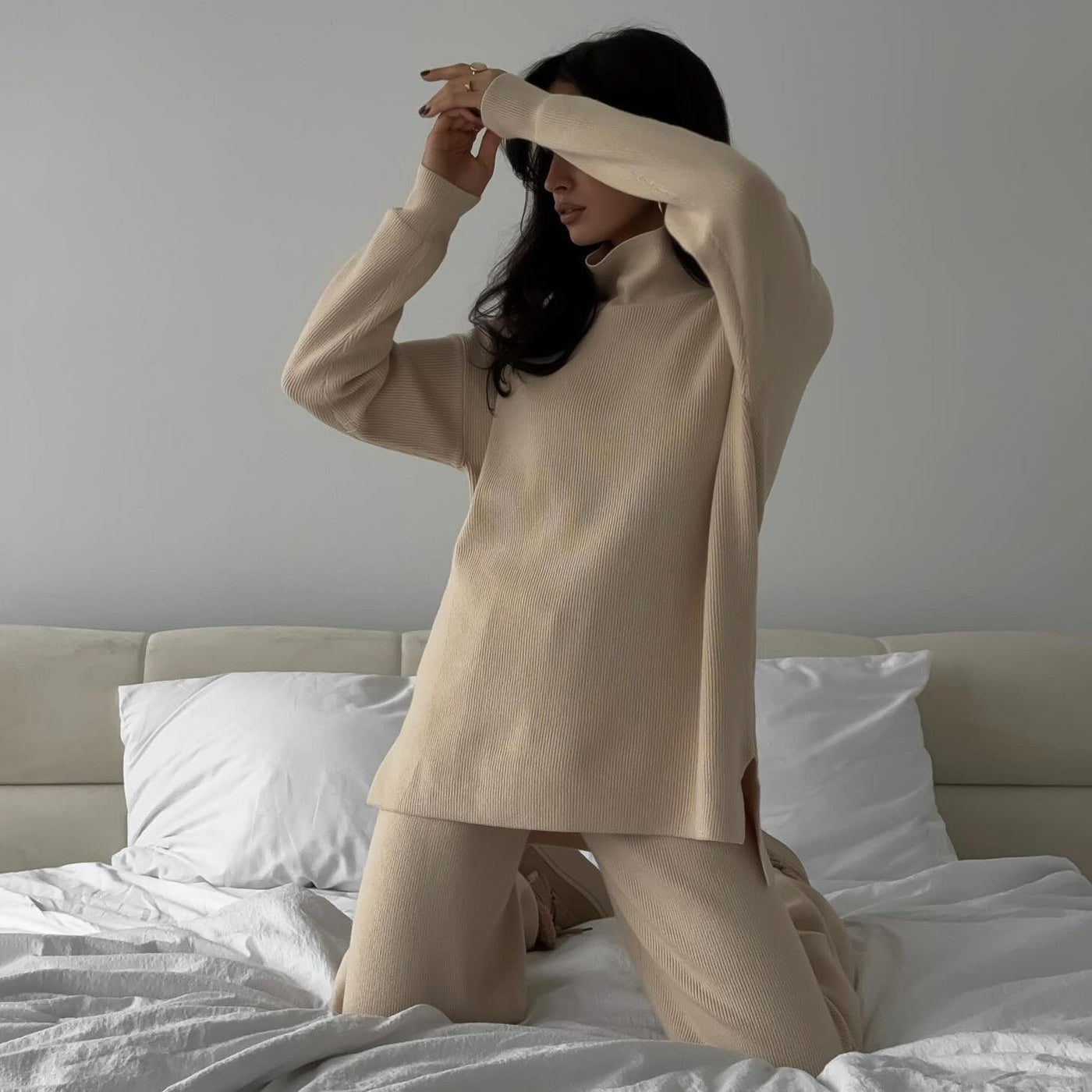 Damen Loungewear Set Strick Mit Hohem Kragen