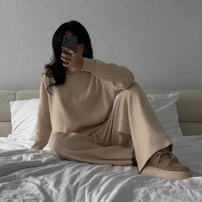 Damen Loungewear Set Strick Mit Hohem Kragen