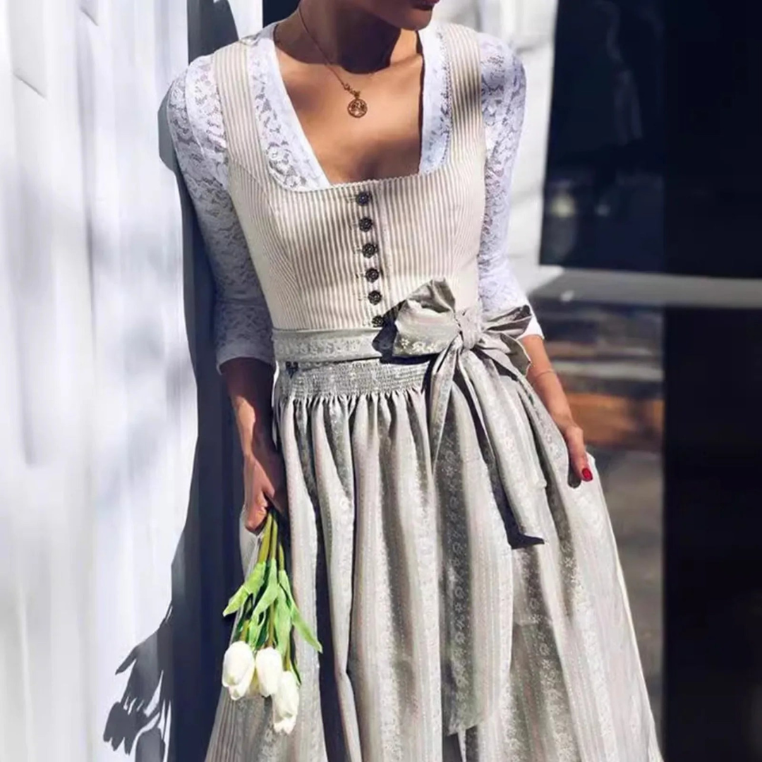 Nicoline | Modernes Damen Dirndl Midi Kleid mit Quadratischem Ausschnitt & Taillengürtel