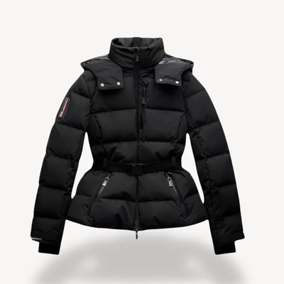 Pufferjacke mit Gürtel und Kapuze für Damen – Wasserabweisender Wintermantel mit hohem Kragen und verstellbaren Bündchen