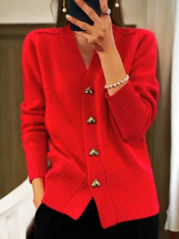 Damen Strickjacke – Lässiger V-Ausschnitt mit Herzknöpfen für den Alltag