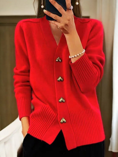 Damen Strickjacke – Lässiger V-Ausschnitt mit Herzknöpfen für den Alltag