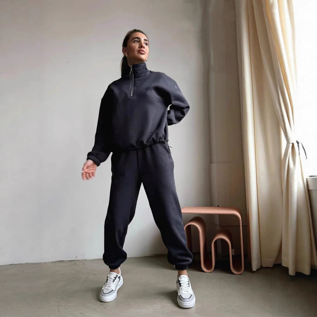 Damen Sweatshirt Hoher Kragen Halber Reißverschluss Lässig