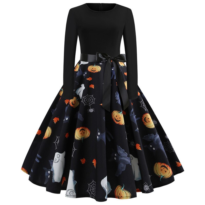 Damen Halloween-Kleid mit Print | Langarm & Ausgestellter Schnitt