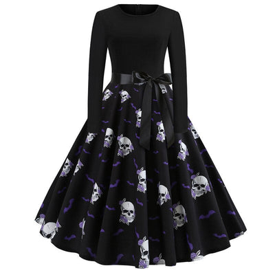 Damen Halloween-Kleid mit Print | Langarm & Ausgestellter Schnitt