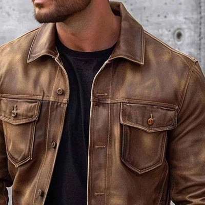Michael | Herren Vintage Lederlook Jacke in Braun mit Knöpfen, Zeitlosem Stil & Langlebigem Design