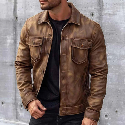 Michael | Herren Vintage Lederlook Jacke in Braun mit Knöpfen, Zeitlosem Stil & Langlebigem Design