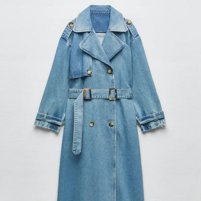 Langer Damen Trenchcoat Blau – Tailliert mit Gürtel – Elegant & Modern