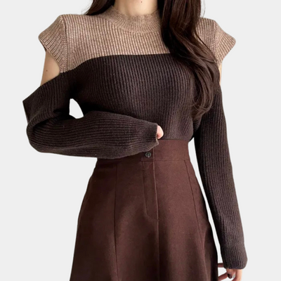 Marga | Damen Zweifarbiger Strickpullover mit Rundhals & Cut-out Ärmeln, Modern & Stylisch