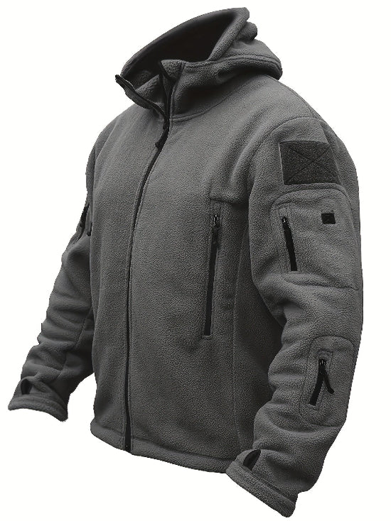 Herren Fleecejacke mit Kapuze, Mehreren Reißverschlusstaschen und Durchgehendem Frontverschluss