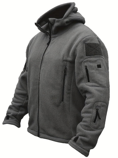 Herren Fleecejacke mit Kapuze, Mehreren Reißverschlusstaschen und Durchgehendem Frontverschluss