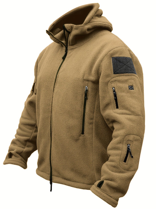 Herren Fleecejacke mit Kapuze, Mehreren Reißverschlusstaschen und Durchgehendem Frontverschluss