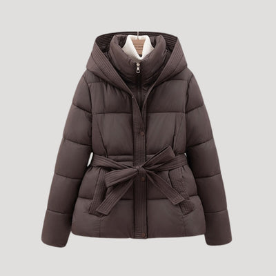 Damen Lange Winterjacke Mit Huva Und Taillengürtel