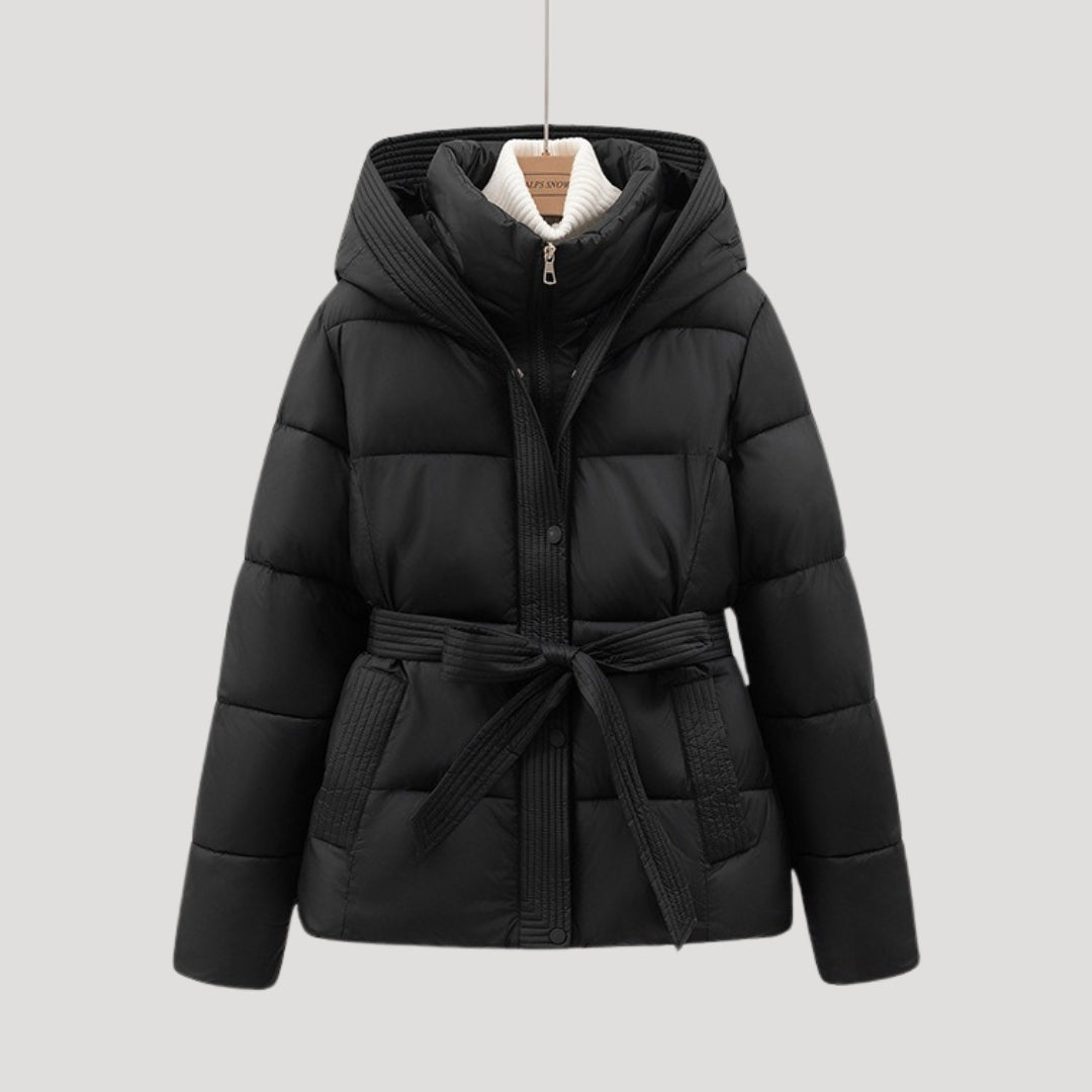 Damen Lange Winterjacke Mit Huva Und Taillengürtel
