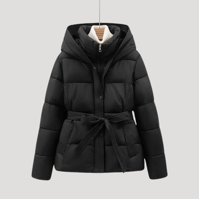 Damen Lange Winterjacke Mit Huva Und Taillengürtel