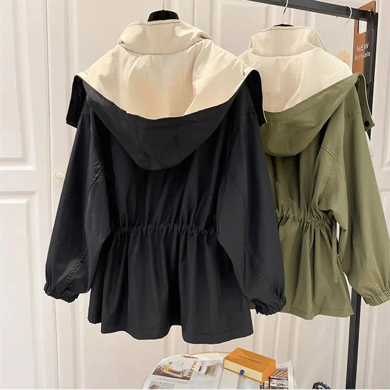 Damen Windjacke Mit Kapuze Und Verstellbarer Taille