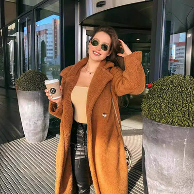 Elfriede | Damen Teddy Mantel lang, Oversized Fit mit Reverskragen & offenem Front-Design