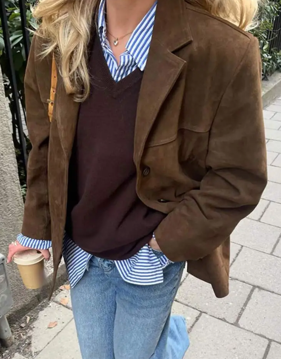 Damen Wildlederjacke Mit Knopfleiste Im Oversize Stil