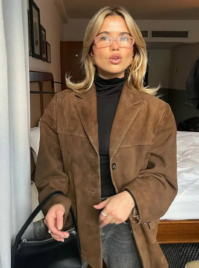 Damen Oversize Jacke Mit Einreiher Design Aus Wildlederoptik