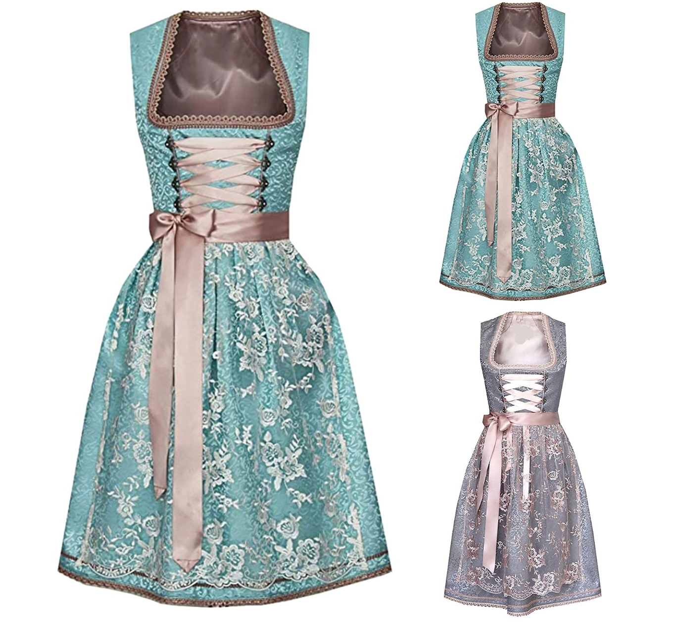 Damen Dirndl 3-teilig Mit Schürze Und Bluse