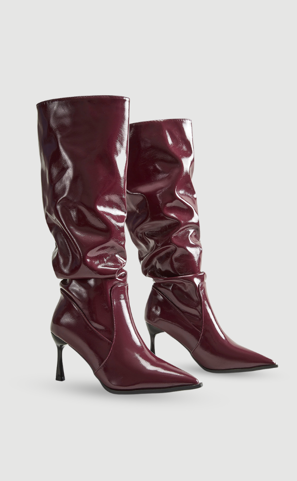 Lydia | Damen High Heel Stiefel in glänzendem Bordeaux mit spitzer Kappe & Kniehohem Schaft