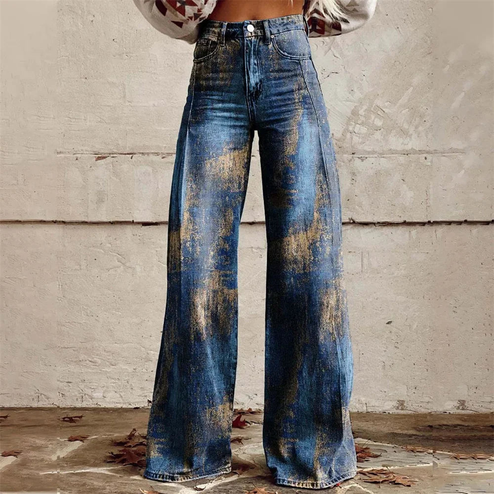 Damen Weitbein Jeans Mit Print Und Modernem Design