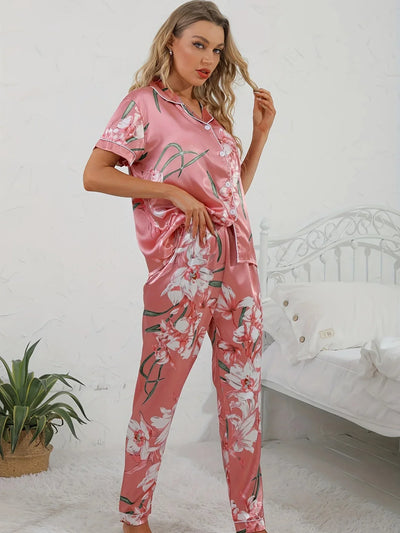 Josefine | Damen 2-teiliger Pyjama in Rosa mit Blumenmuster Shirt & Hose