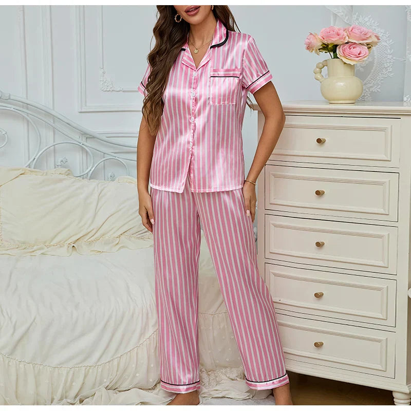 Julia | Damen 2-teiliger Pyjama mit gestreiftem Shirt & Hose in Rosa