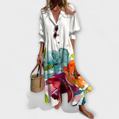 Lila - Figurbetontes Maxikleid mit Bauchbedeckung" can be rewritten as:

"Lila - Figurbetontes Maxikleid mit Bauchbedeckendem Design