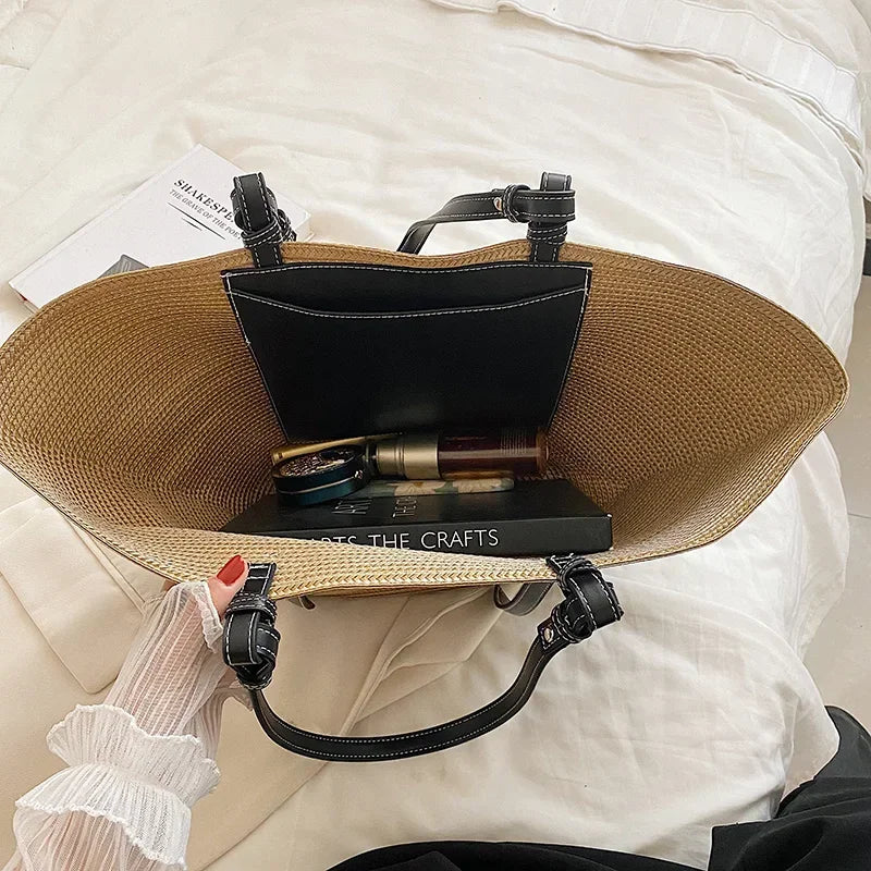 Luxus Boho Strohtasche Damen – Handgemachte Strandtasche mit veganem Leder