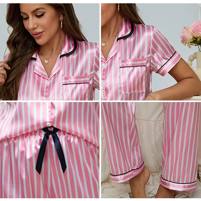 Julia | Damen 2-teiliger Pyjama mit gestreiftem Shirt & Hose in Rosa
