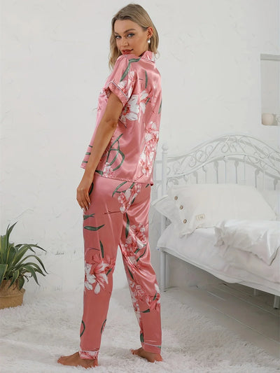 Josefine | Damen 2-teiliger Pyjama in Rosa mit Blumenmuster Shirt & Hose