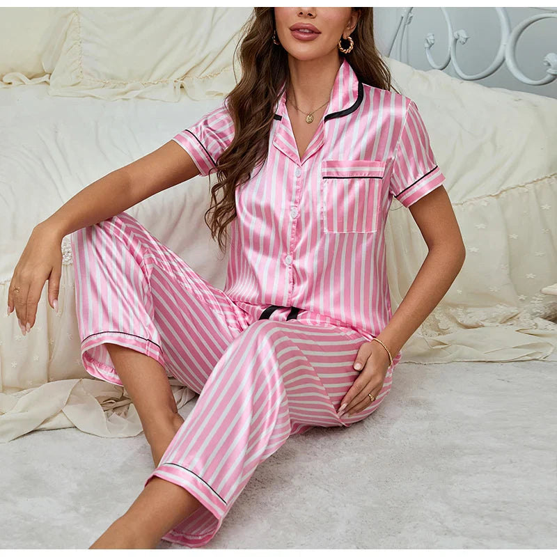 Julia | Damen 2-teiliger Pyjama mit gestreiftem Shirt & Hose in Rosa