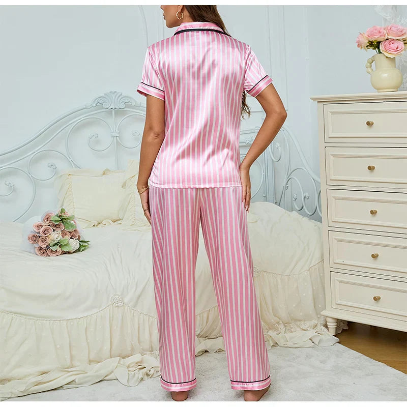 Julia | Damen 2-teiliger Pyjama mit gestreiftem Shirt & Hose in Rosa