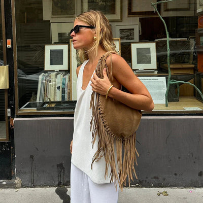 Strohtasche Strand Shopper – Große Vegane Leder Tasche mit Quasten