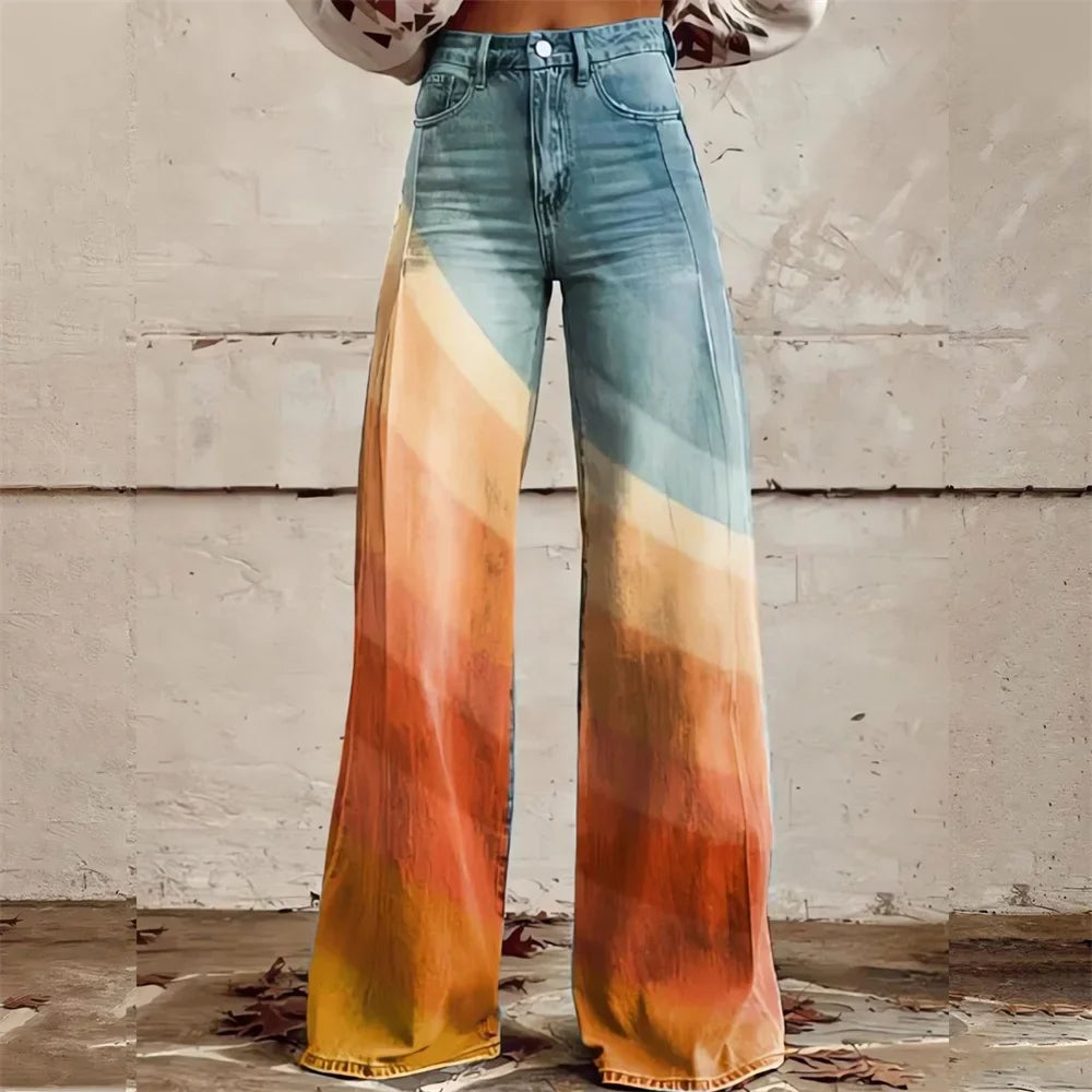 Damen Weitbein Jeans Mit Print Und Modernem Design