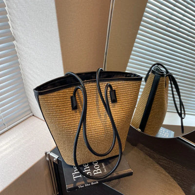 Strohtasche Damen – Handgefertigte Strandtasche mit Ledergriffen & Reißverschluss