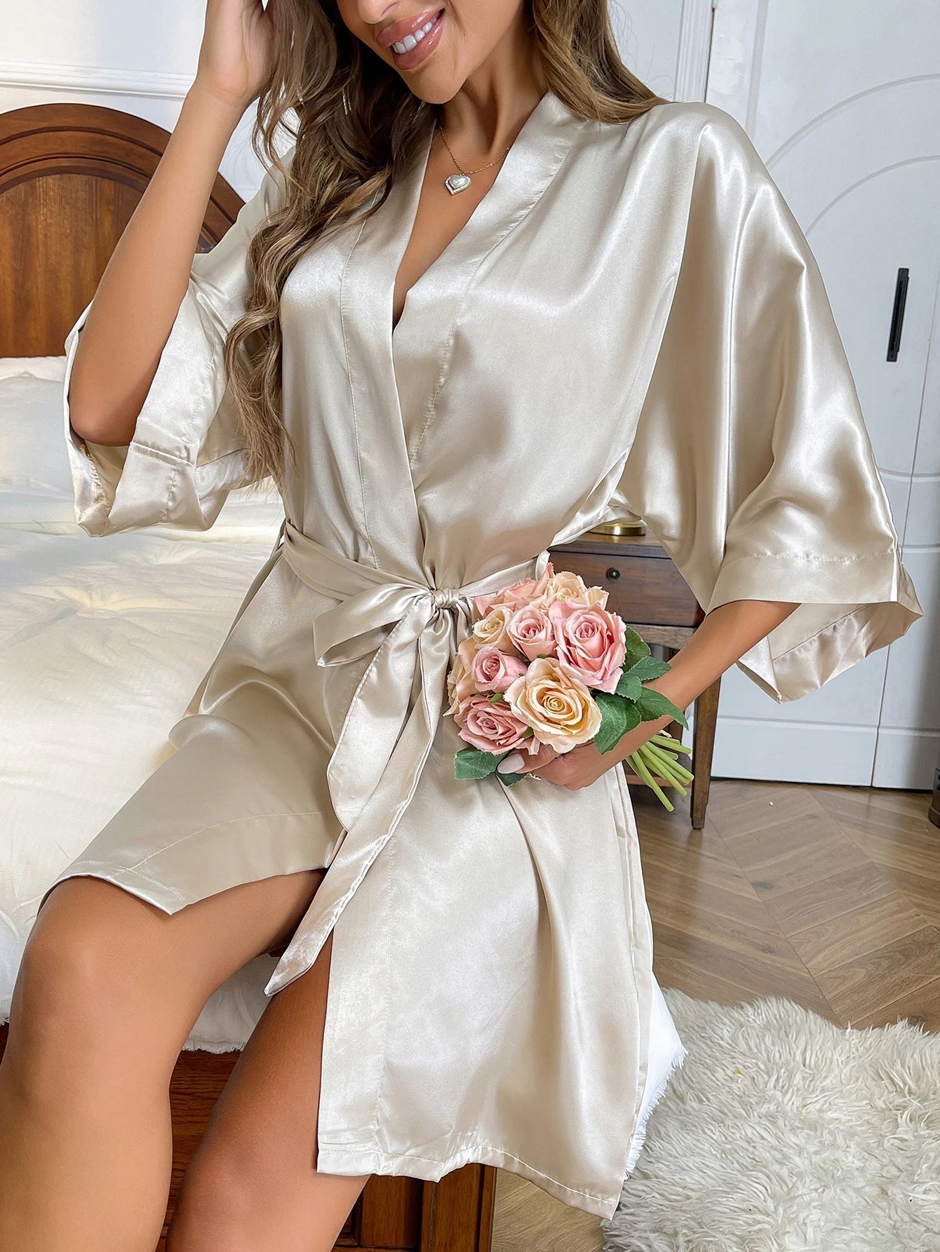 Sahari - Damen Kimono Morgenmantel | Satin, Leicht, Elegant