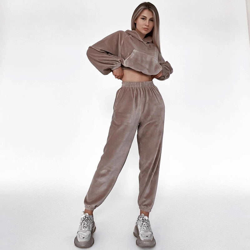 Sahari - Damen Loungewear-Set | Velours, Cropped Hoodie, Weite Hosen