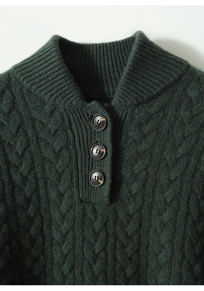 Damen Zopfmuster Pullover Mit Knopfleiste Und Stehkragen