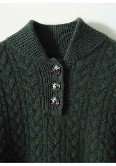 Damen Zopfmuster Pullover Mit Knopfleiste Und Stehkragen